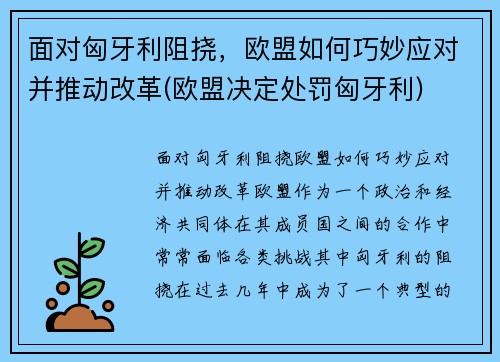 面对匈牙利阻挠，欧盟如何巧妙应对并推动改革(欧盟决定处罚匈牙利)
